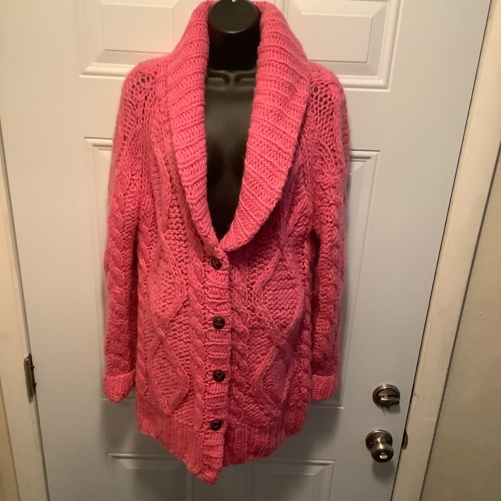 VS PINK | Wool Cable Knit Sweater Cardigan Après-ski Chunky Cozy Sz M *No Belt